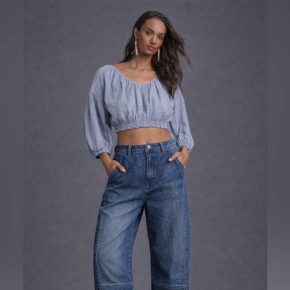 Universal Thread Tops - Universal Thread Blue and White Puff Sleeve Crop Blouse